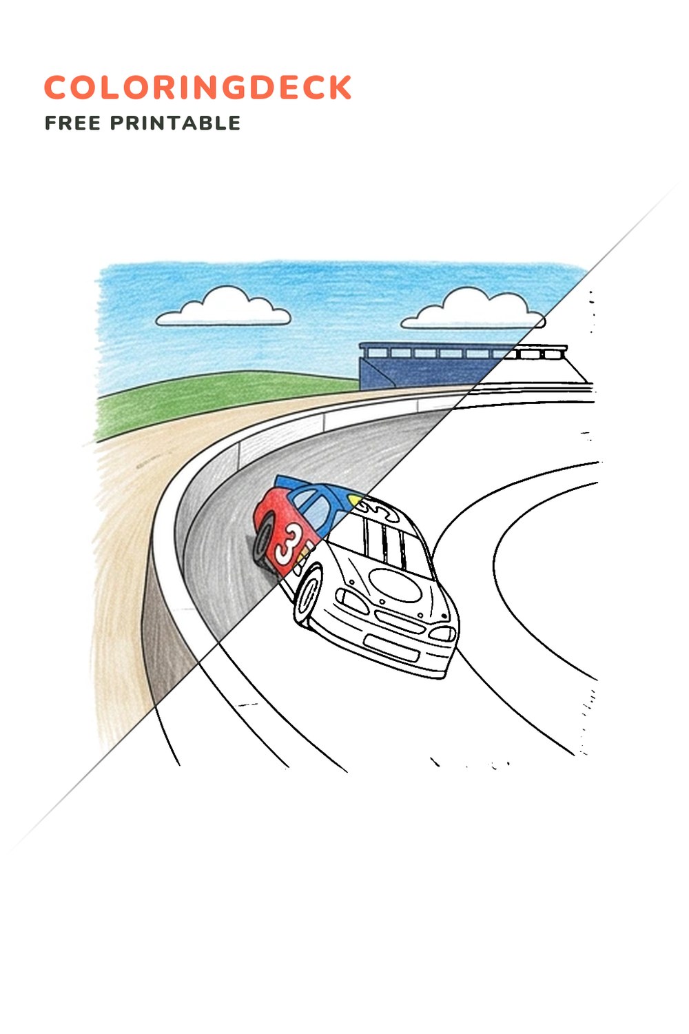 Banked Track Turn coloring page, free printable: half colored, half outline