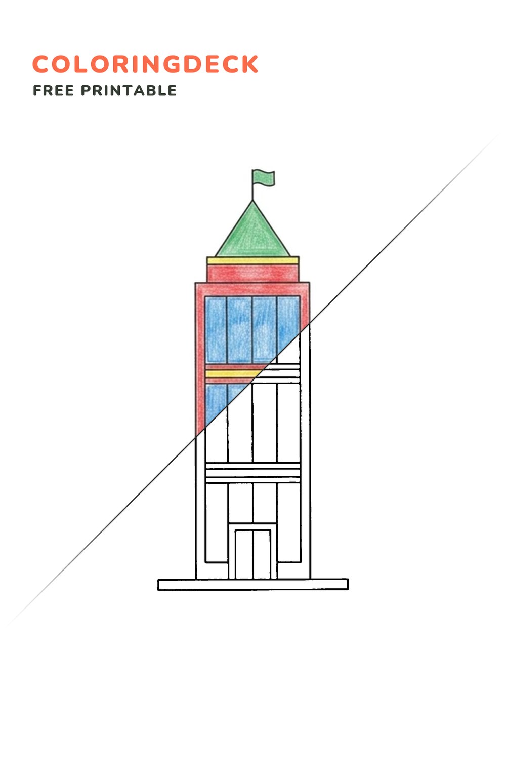 City Tower coloring page, free printable: half colored, half outline