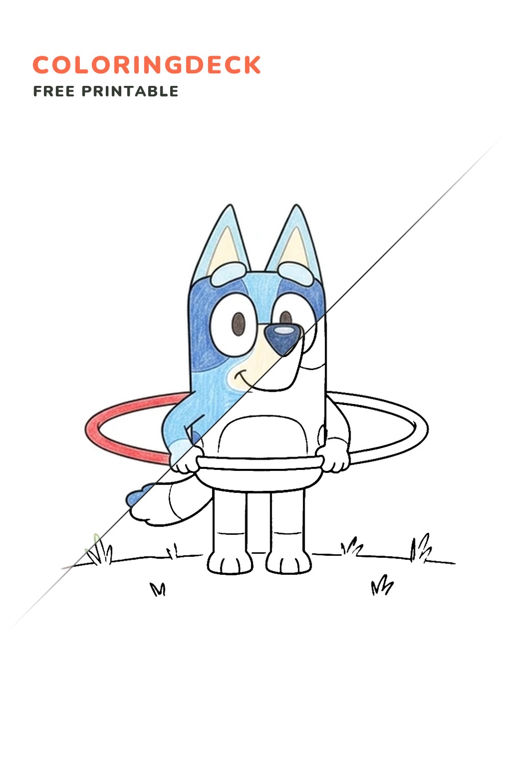Bluey Hula Hoop coloring page, free printable: half colored, half outline