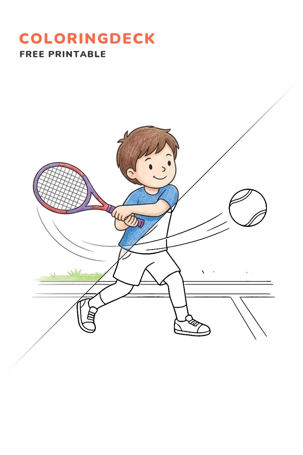 Tennis Forehand Swing coloring page, free printable: half colored, half outline