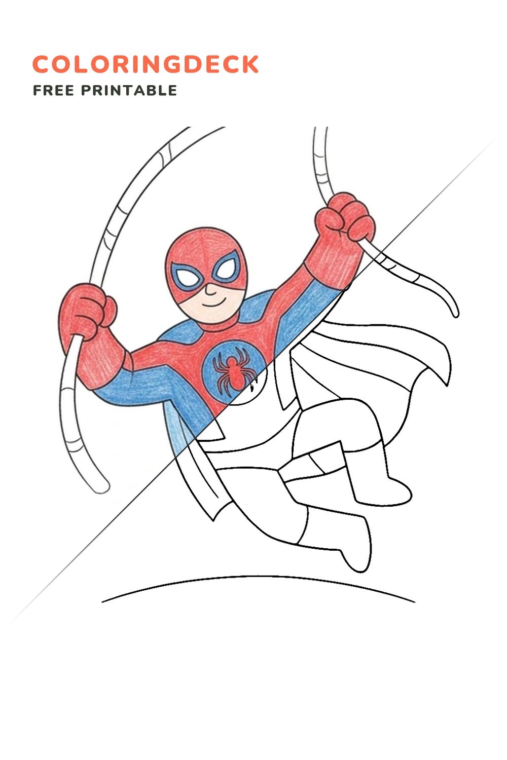 Spider Hero Webline coloring page, free printable: half colored, half outline
