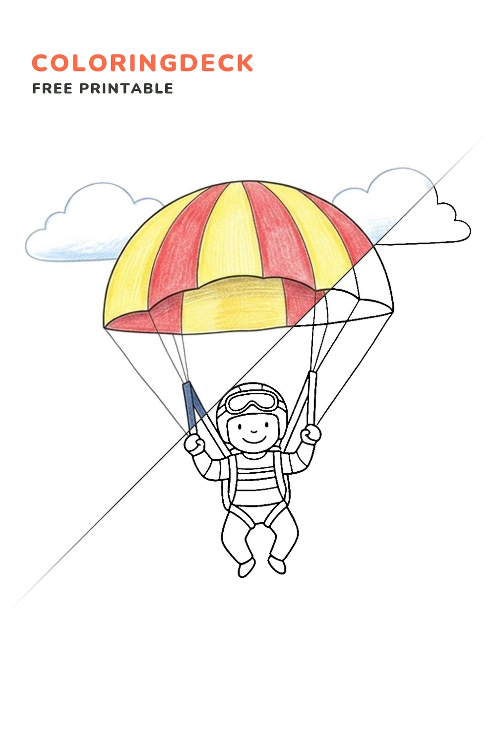 Child Parachute Descent coloring page, free printable: half colored, half outline