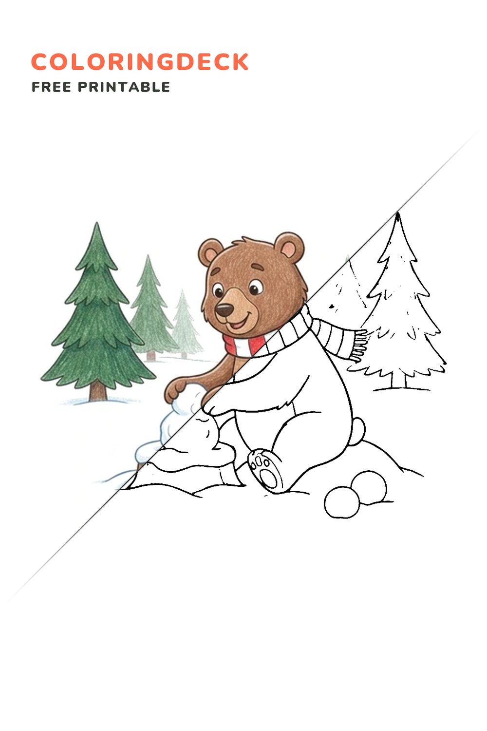 Bear Snow Sculptor coloring page, free printable: half colored, half outline