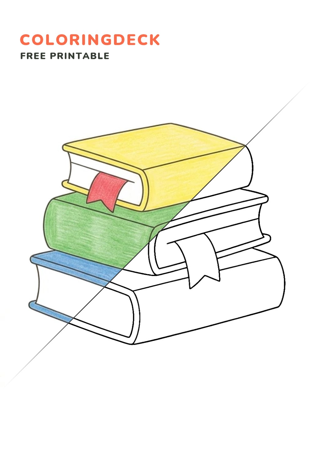 Tall Book Stack coloring page, free printable: half colored, half outline