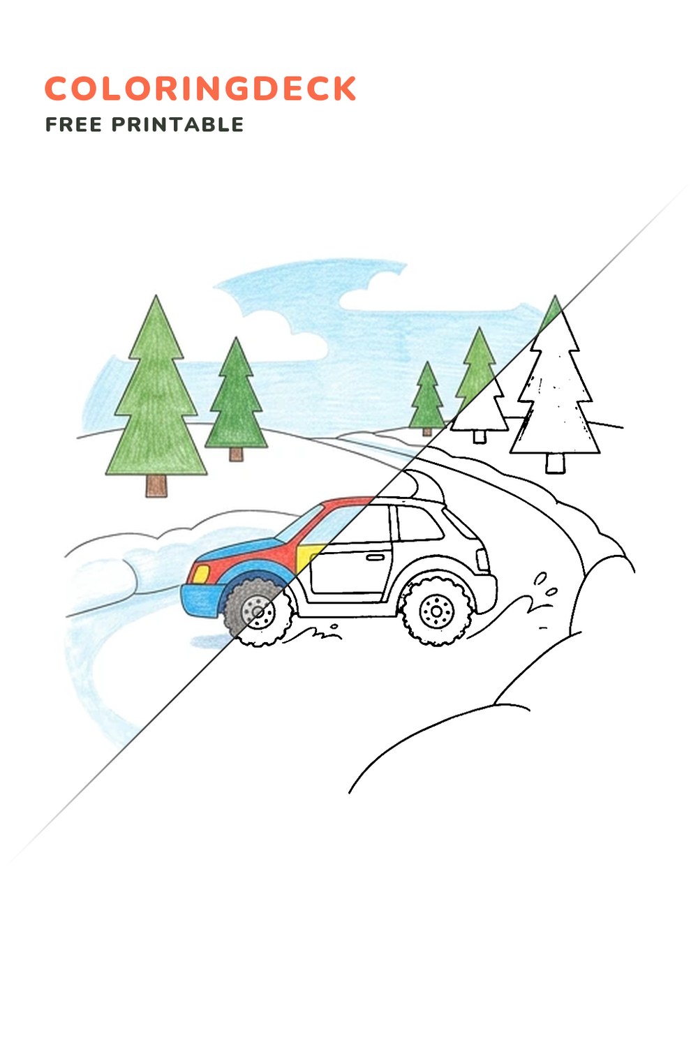 Snow Track Sprint coloring page, free printable: half colored, half outline