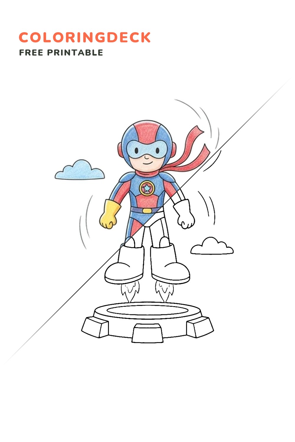 Rocket Boots Hero coloring page, free printable: half colored, half outline