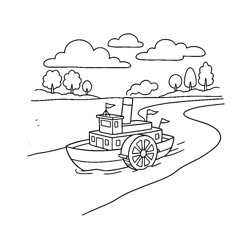 River Paddle Steamer coloring page outline