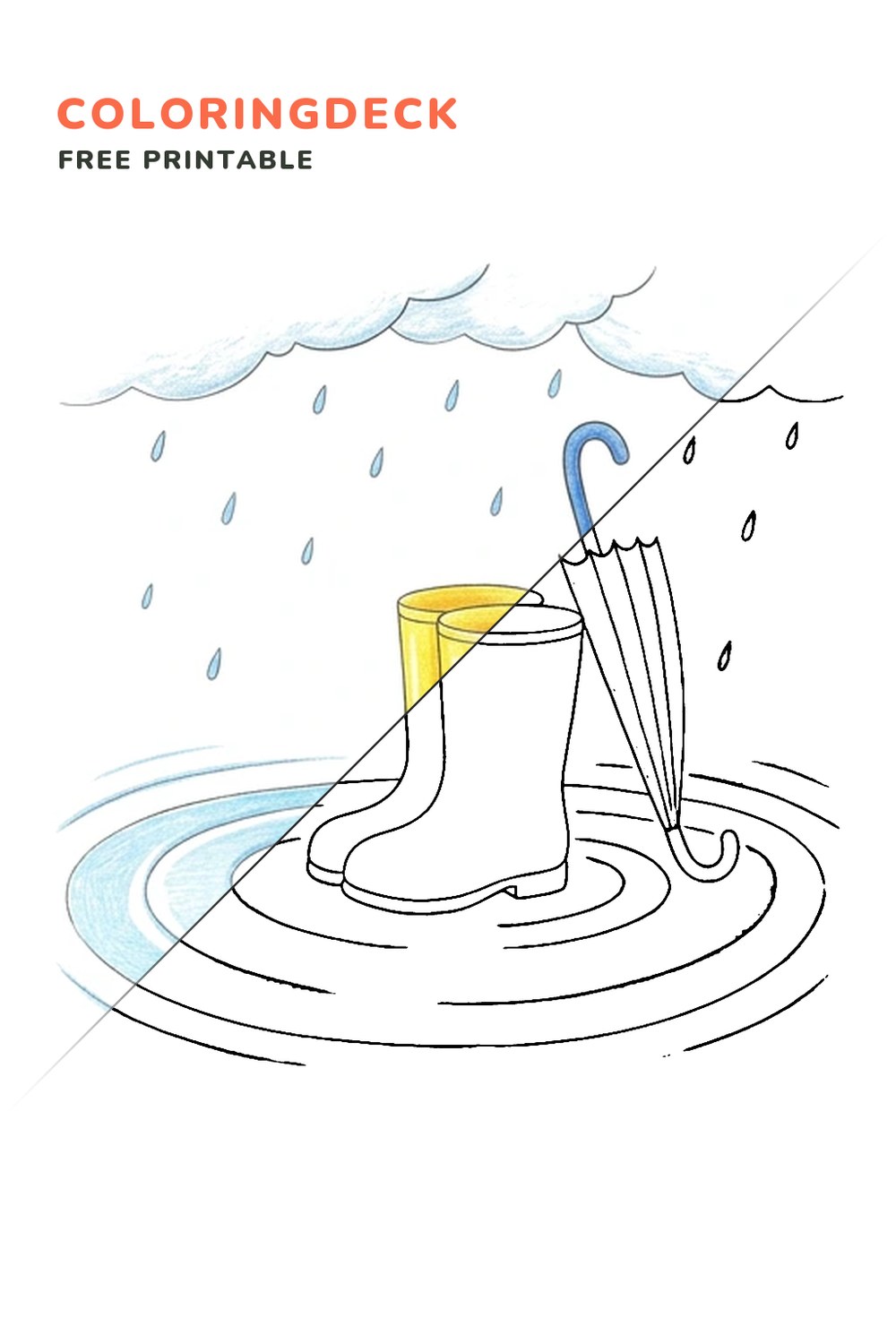 Rain Boot Puddle coloring page, free printable: half colored, half outline