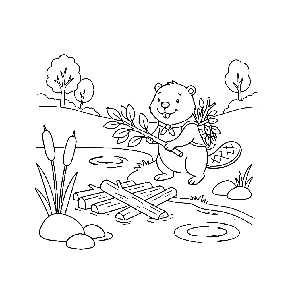 Beaver coloring page: Beaver Dam Builder, outline to print