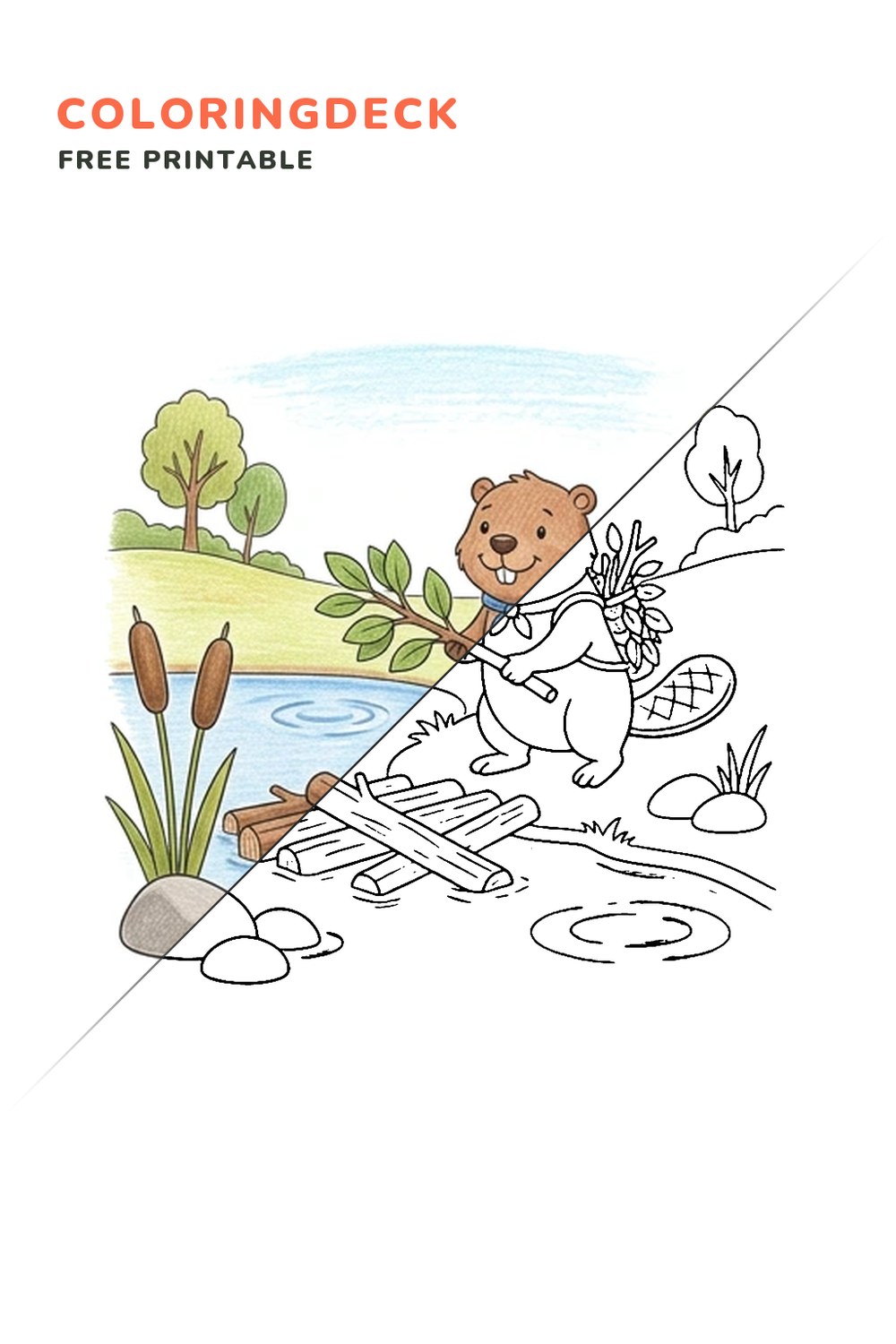 Beaver Dam Builder coloring page, free printable: half colored, half outline