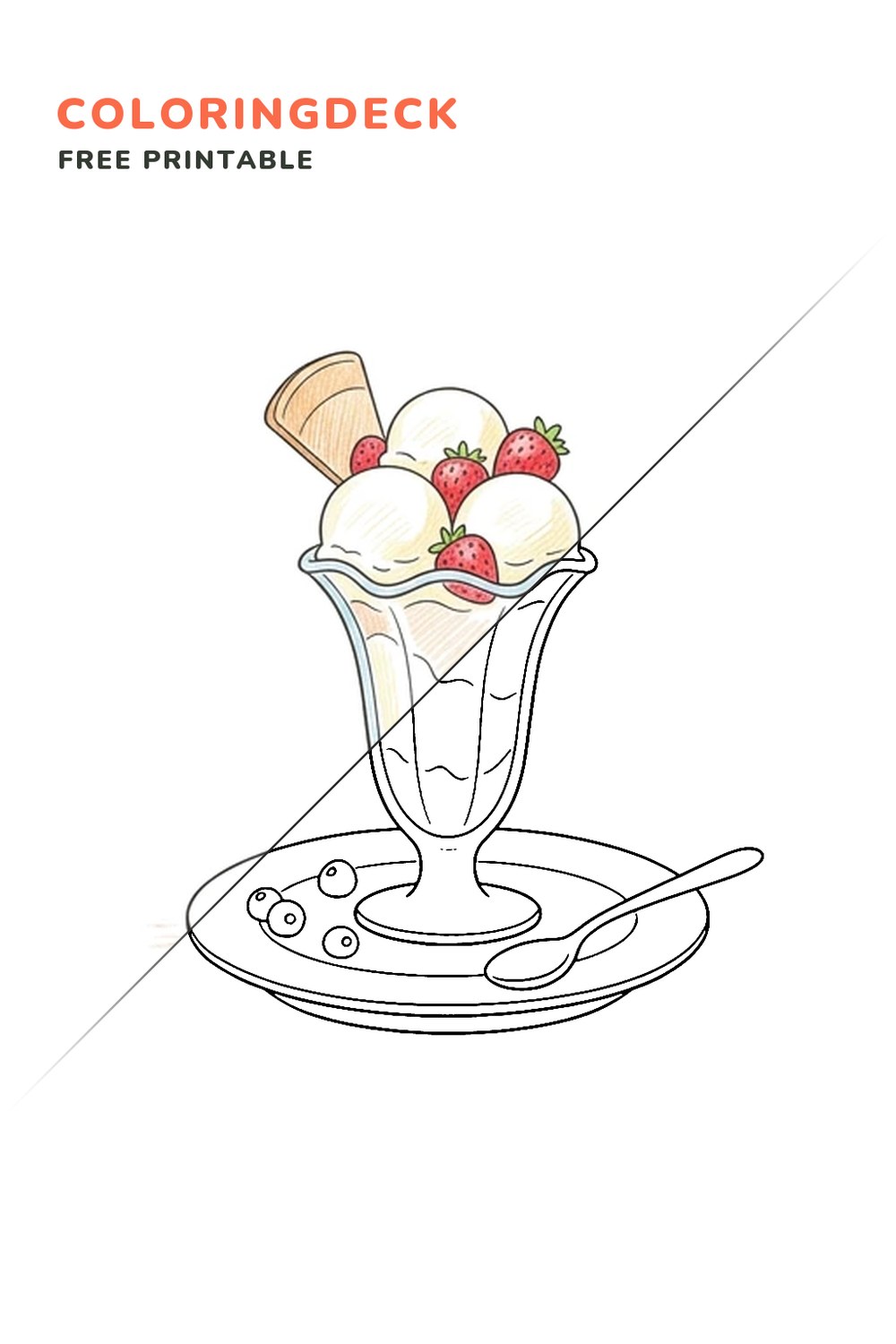 Strawberry Sundae coloring page, free printable: half colored, half outline
