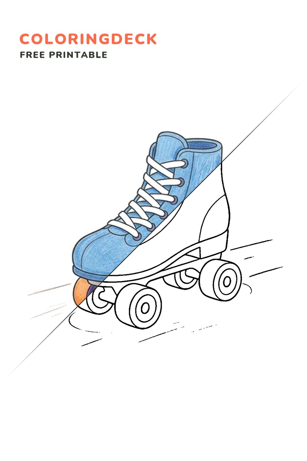 Classic Roller Skate coloring page, free printable: half colored, half outline