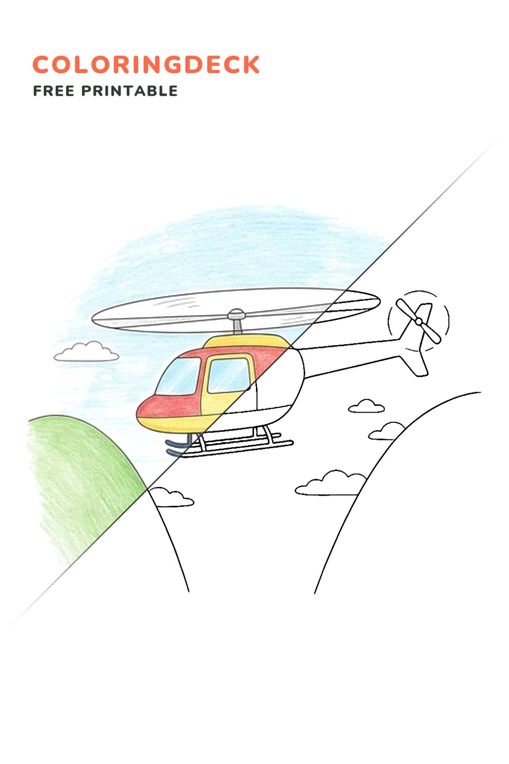 Helicopter Mountain Pass coloring page, free printable: half colored, half outline