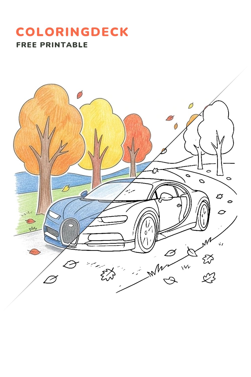 Bugatti Autumn Lane coloring page, free printable: half colored, half outline