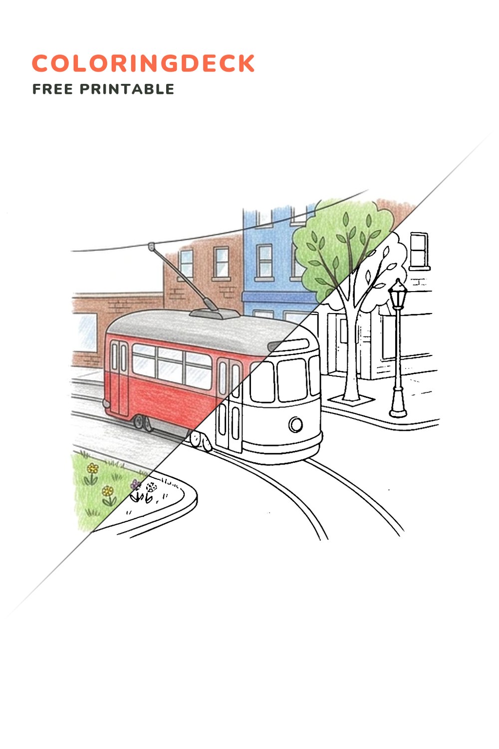 Corner Streetcar coloring page, free printable: half colored, half outline