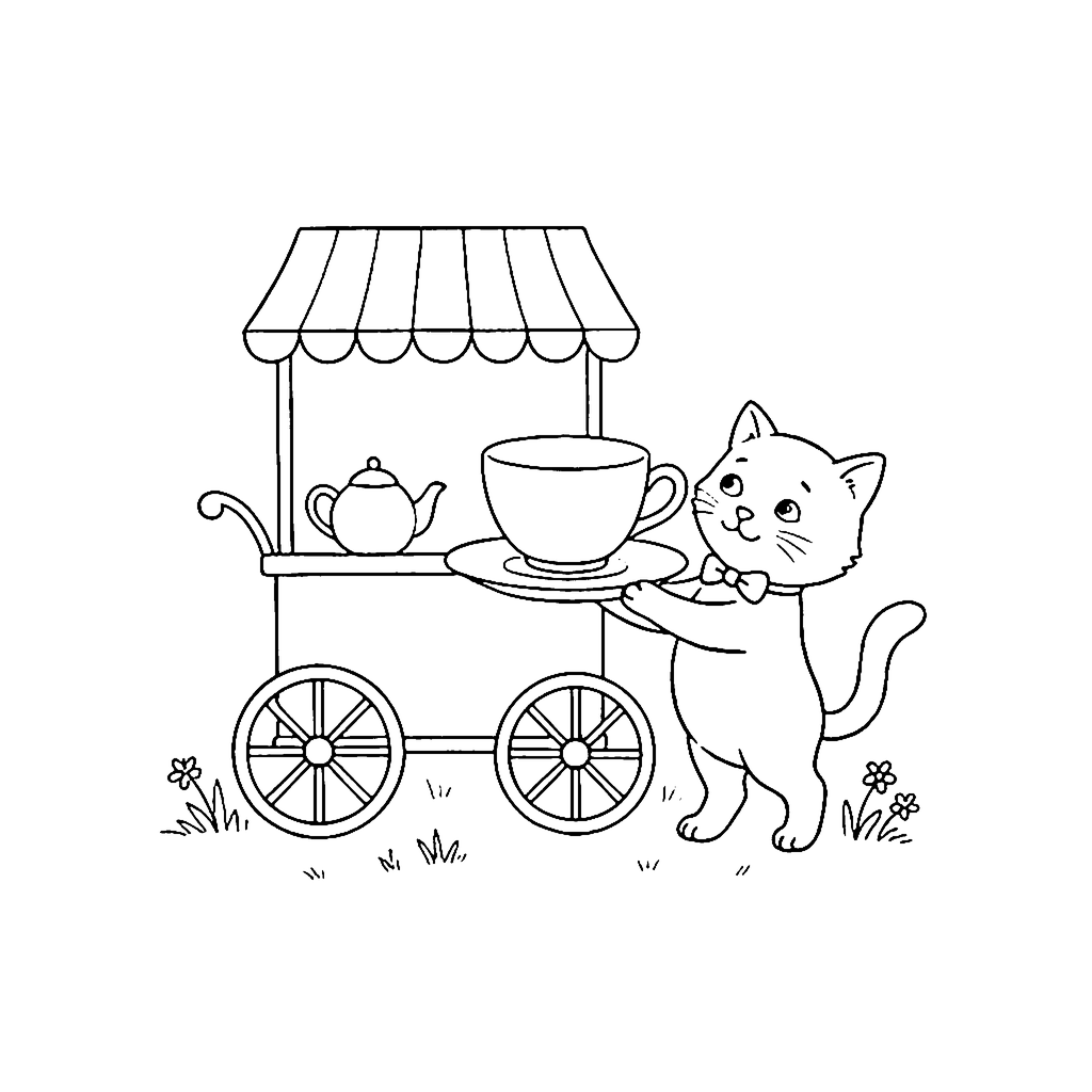 Kitten Tea Cart coloring page outline