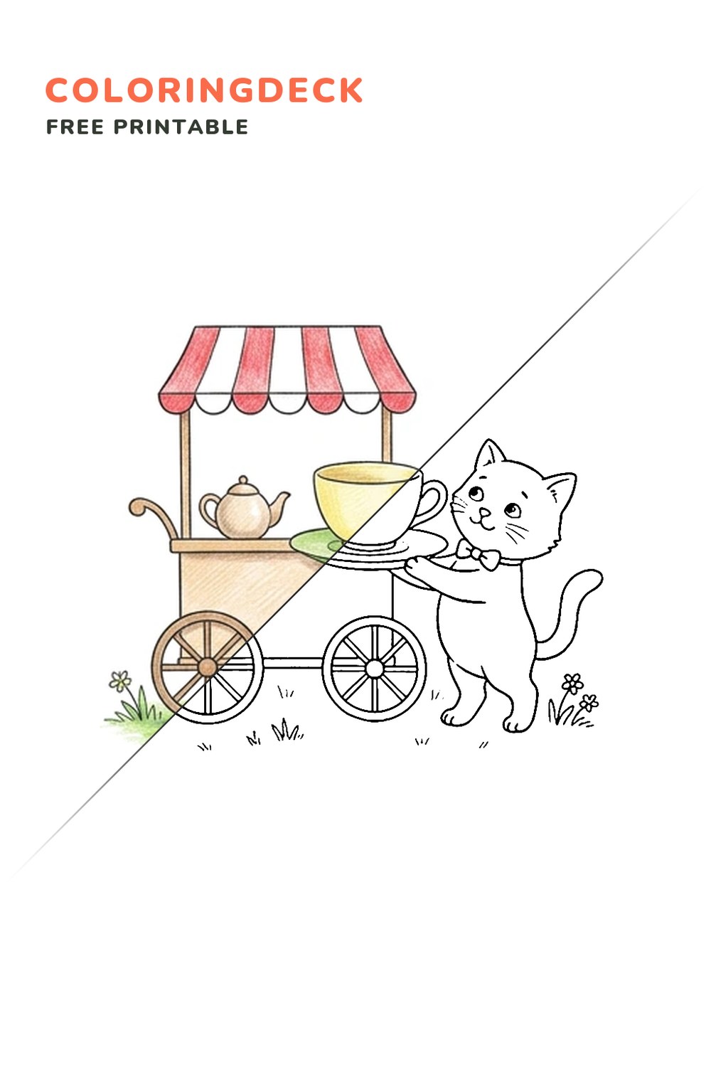 Kitten Tea Cart coloring page, free printable: half colored, half outline