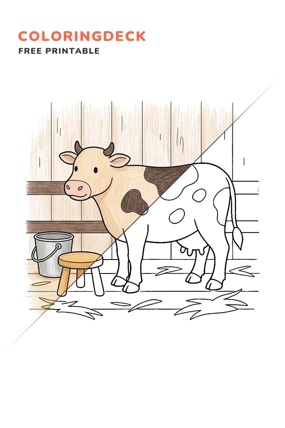 Cow Milking Time coloring page, free printable: half colored, half outline