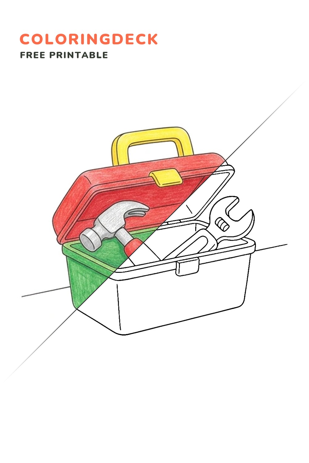 Toy Tool Box coloring page, free printable: half colored, half outline