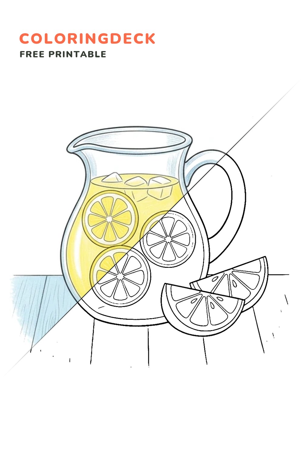 Fresh Lemonade Pitcher coloring page, free printable: half colored, half outline