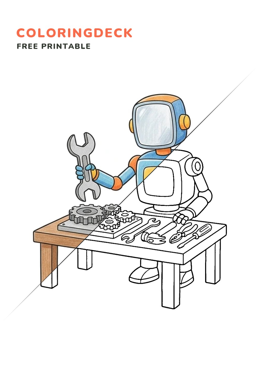 Robot Toolsmith coloring page, free printable: half colored, half outline