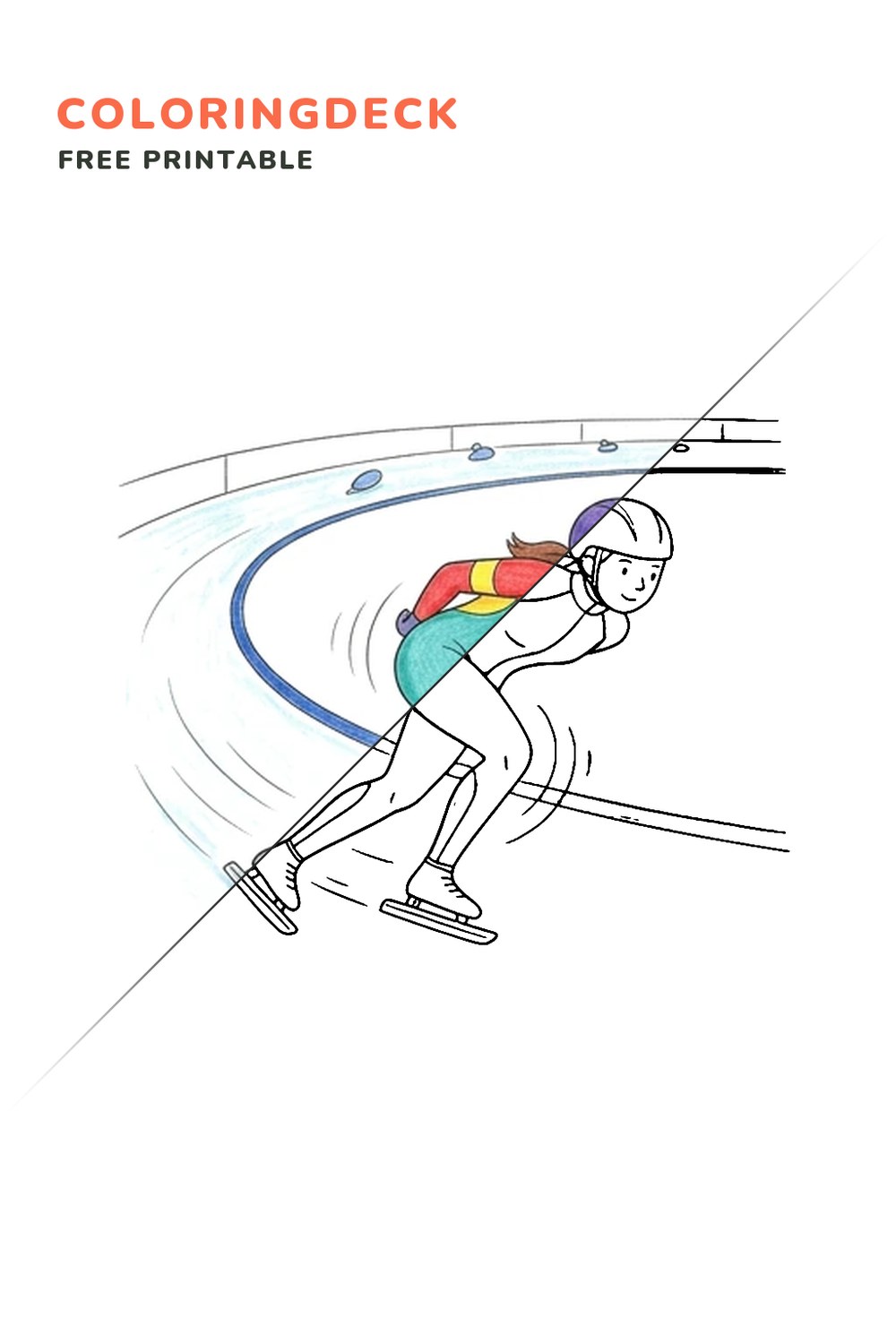 Speed Skater Curve coloring page, free printable: half colored, half outline