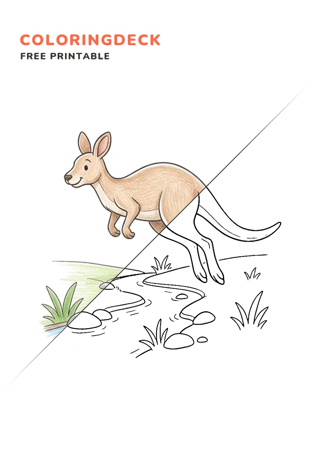 Kangaroo Creek Jump coloring page, free printable: half colored, half outline
