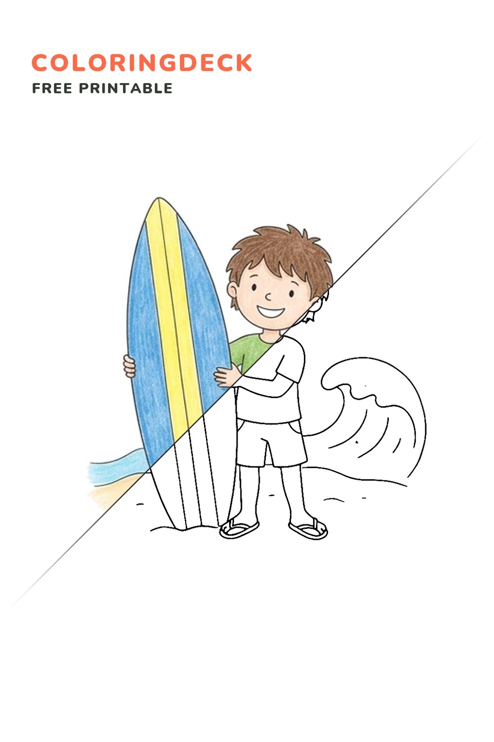 Surfer Holding Board coloring page, free printable: half colored, half outline