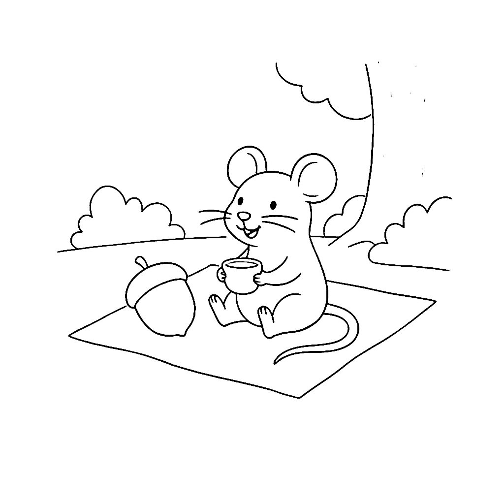 Mouse coloring page: Mouse Acorn Picnic, outline to print