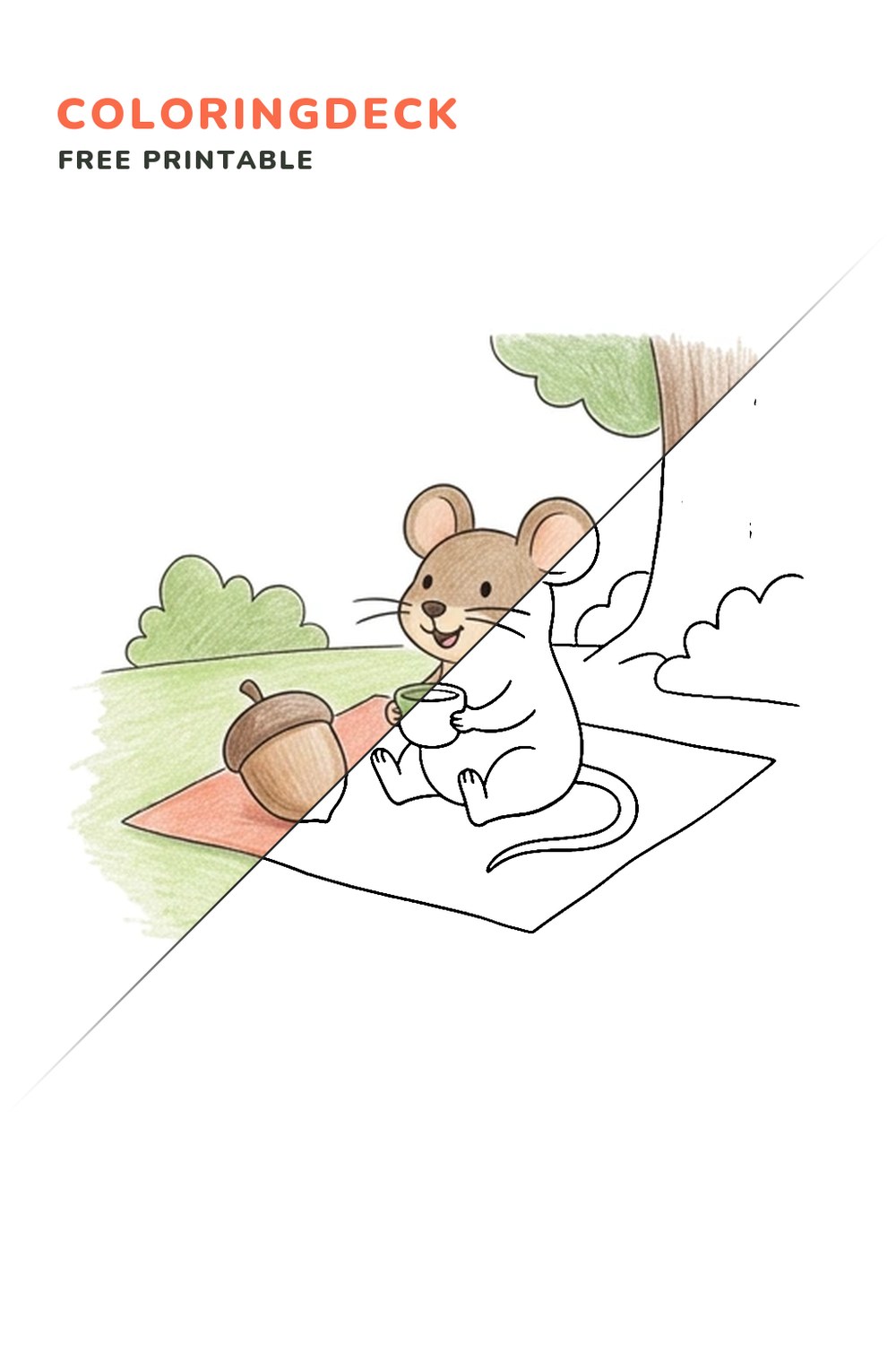 Mouse Acorn Picnic coloring page, free printable: half colored, half outline