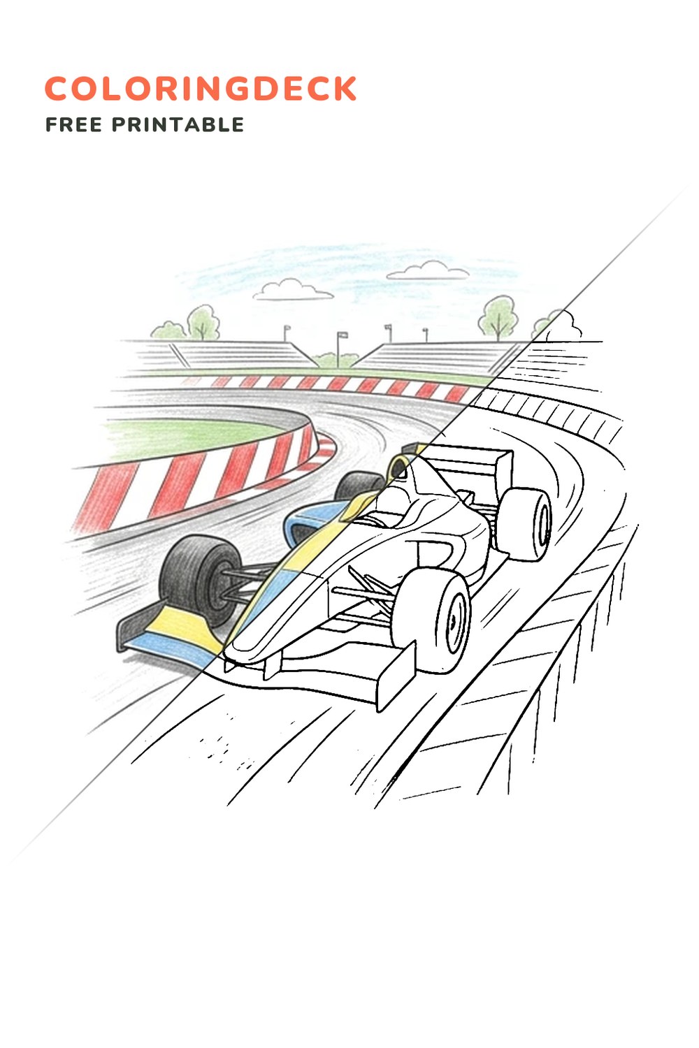 Hairpin Corner coloring page, free printable: half colored, half outline