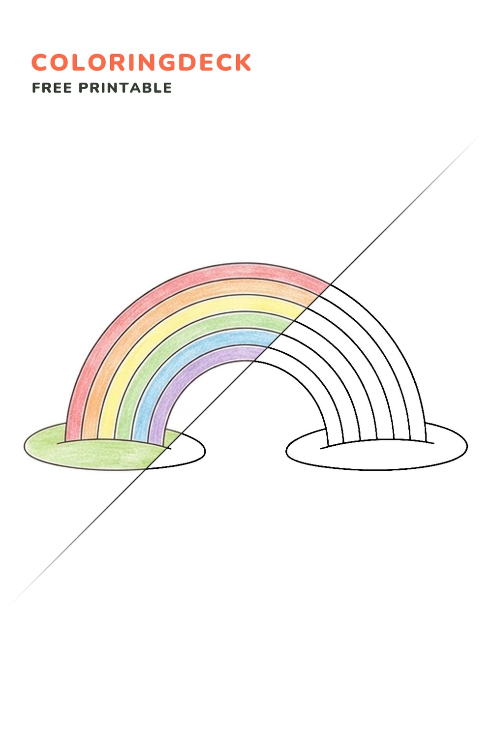Rainbow Meadow Bridge coloring page, free printable: half colored, half outline