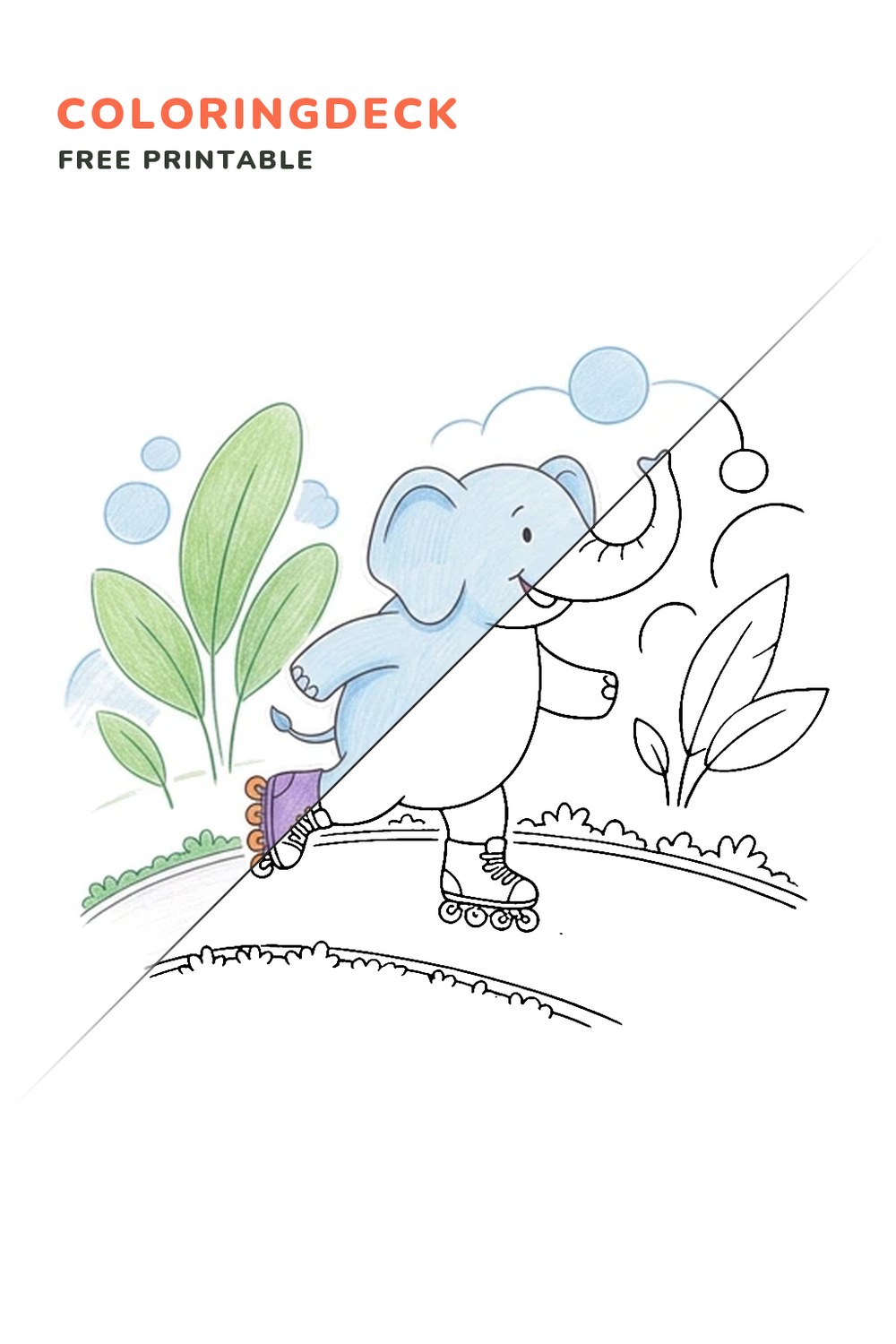 Elephant Rollerblades coloring page, free printable: half colored, half outline