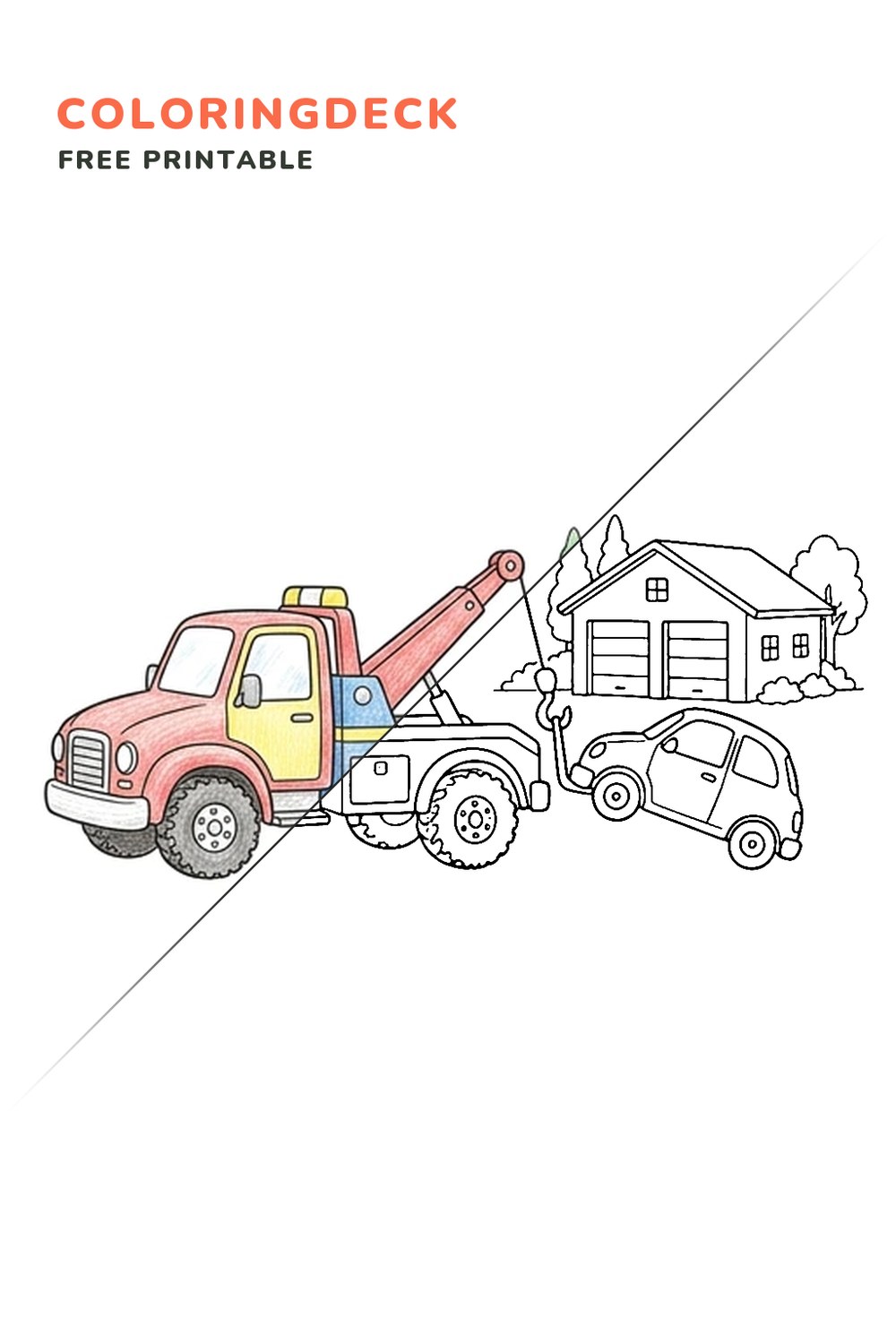 Tow Truck Garage Call coloring page, free printable: half colored, half outline