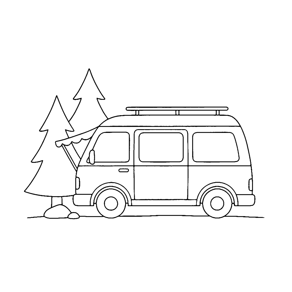 Van coloring page: Van by Pines, outline to print
