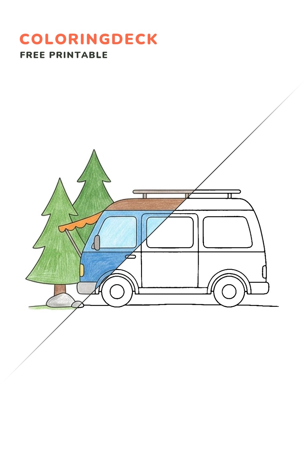 Van by Pines coloring page, free printable: half colored, half outline