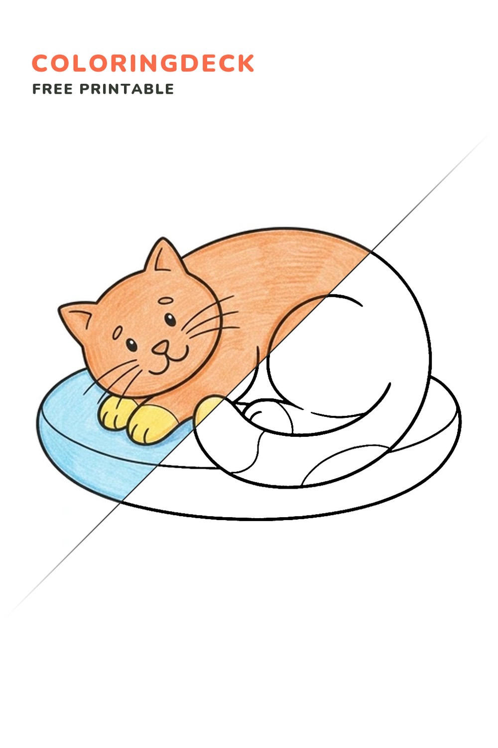 Cat On Cushion coloring page, free printable: half colored, half outline
