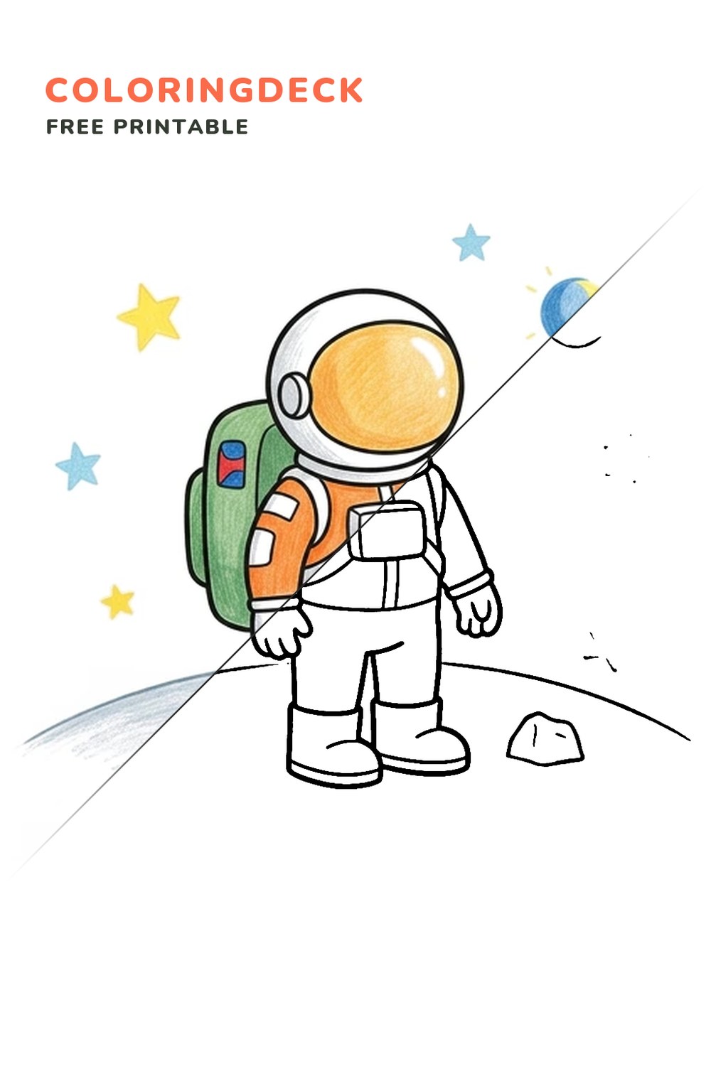 Astronaut Moon Walk coloring page, free printable: half colored, half outline