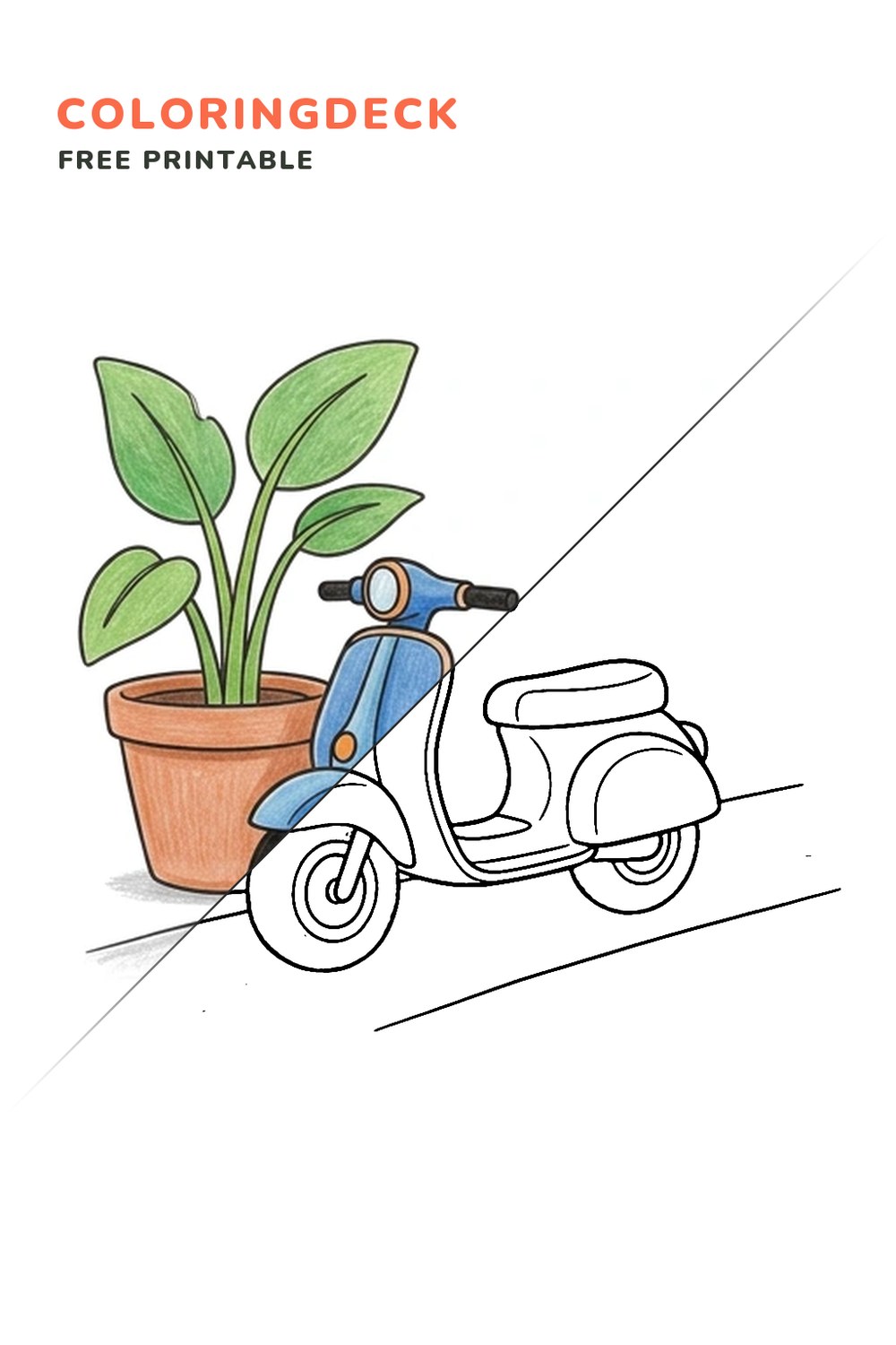Scooter Garden Stop coloring page, free printable: half colored, half outline