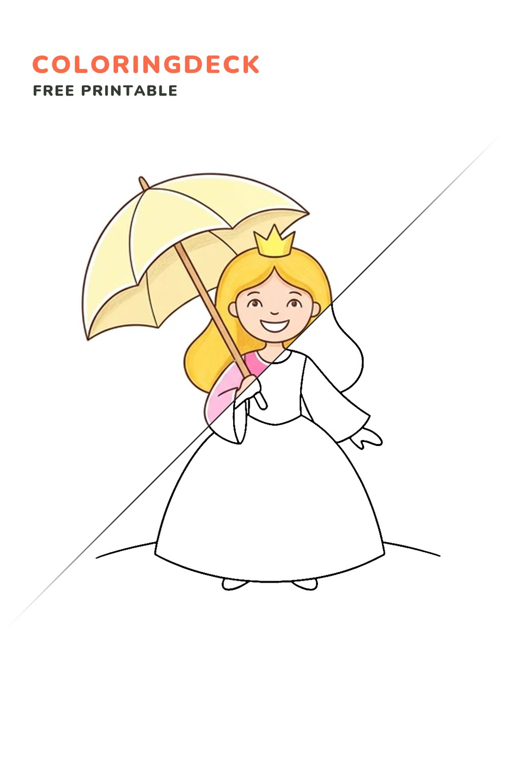 Princess With Parasol coloring page, free printable: half colored, half outline