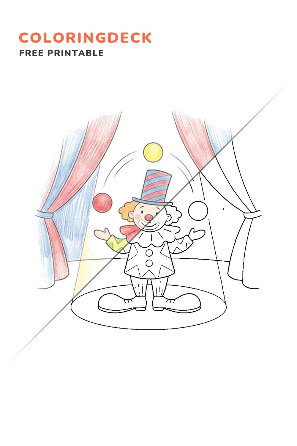 Juggling Clown Show coloring page, free printable: half colored, half outline