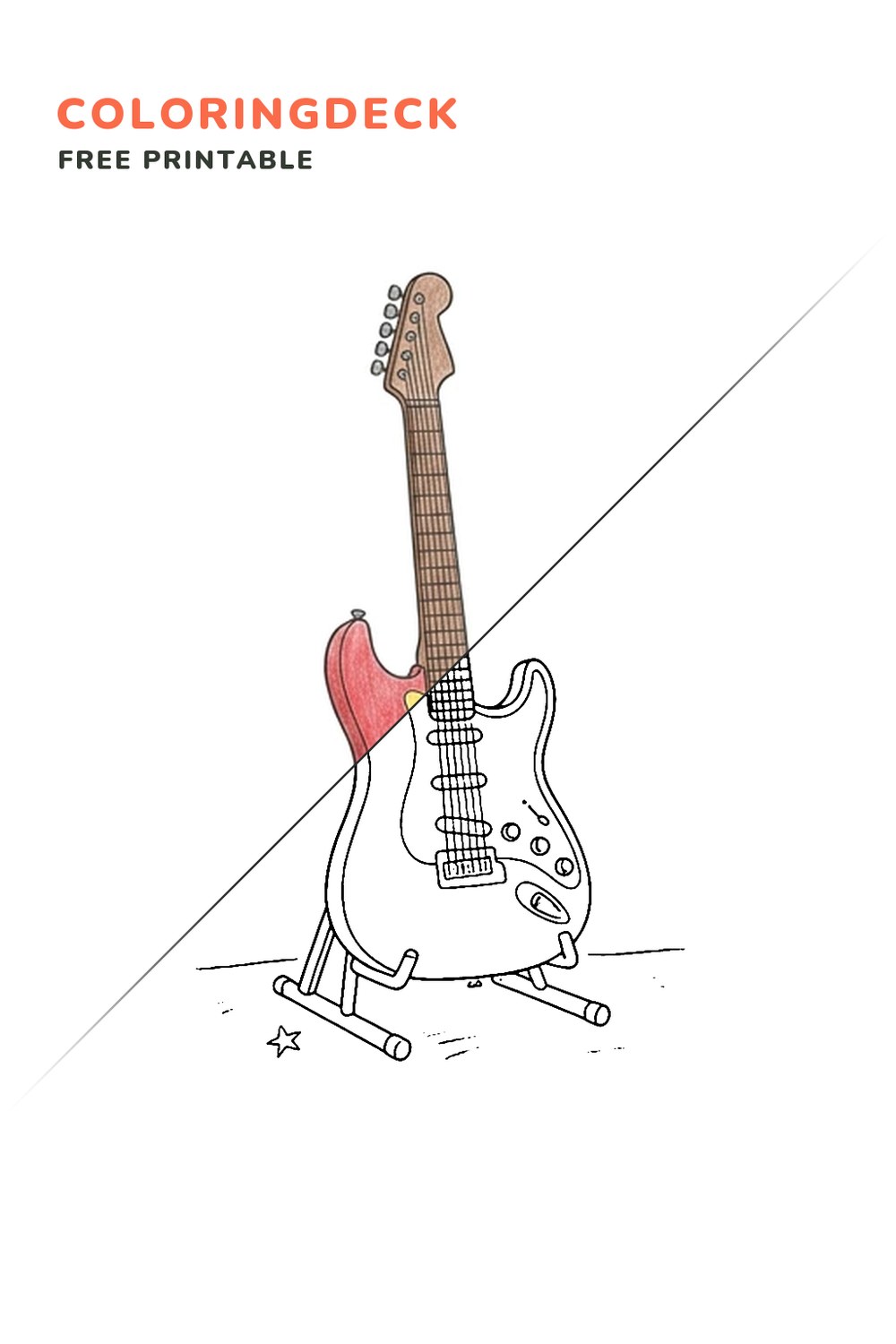 Guitar On Stand coloring page, free printable: half colored, half outline