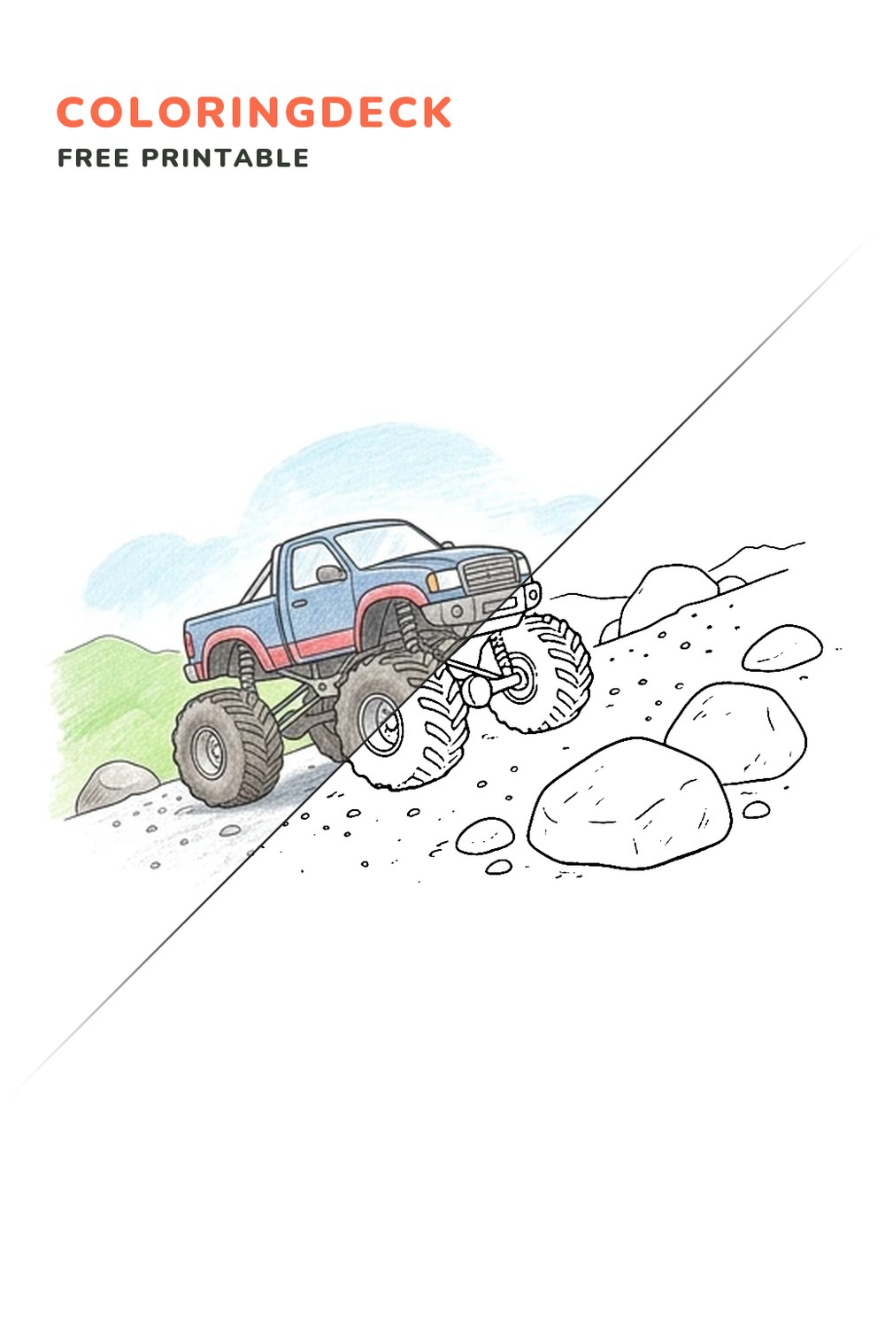 Monster Truck Quarry coloring page, free printable: half colored, half outline