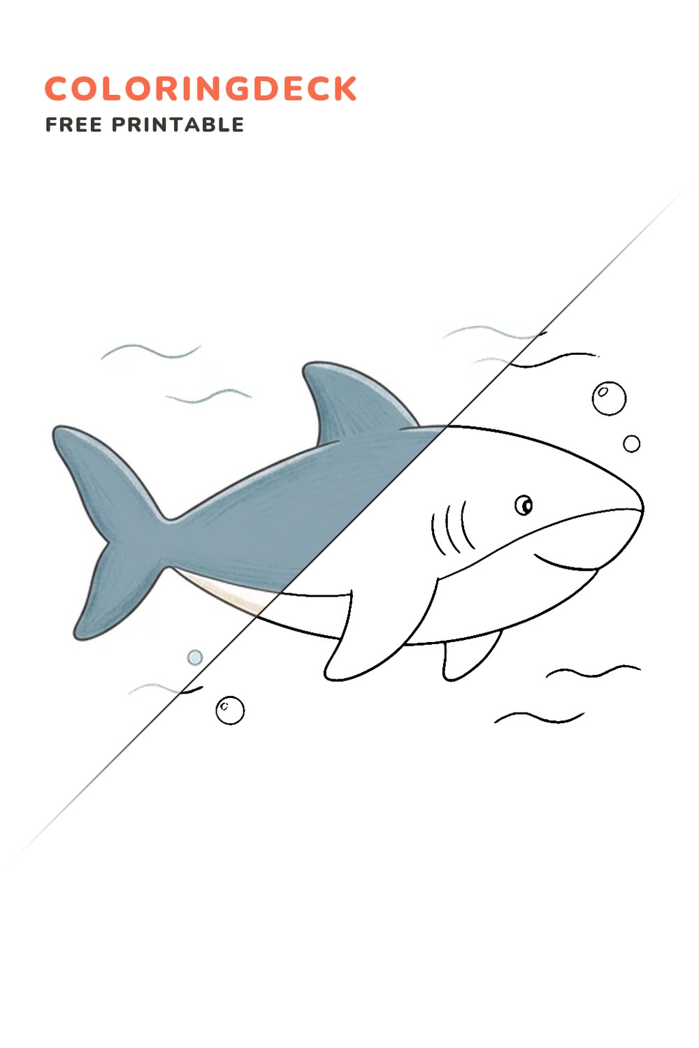 Big Shark Glide coloring page, free printable: half colored, half outline