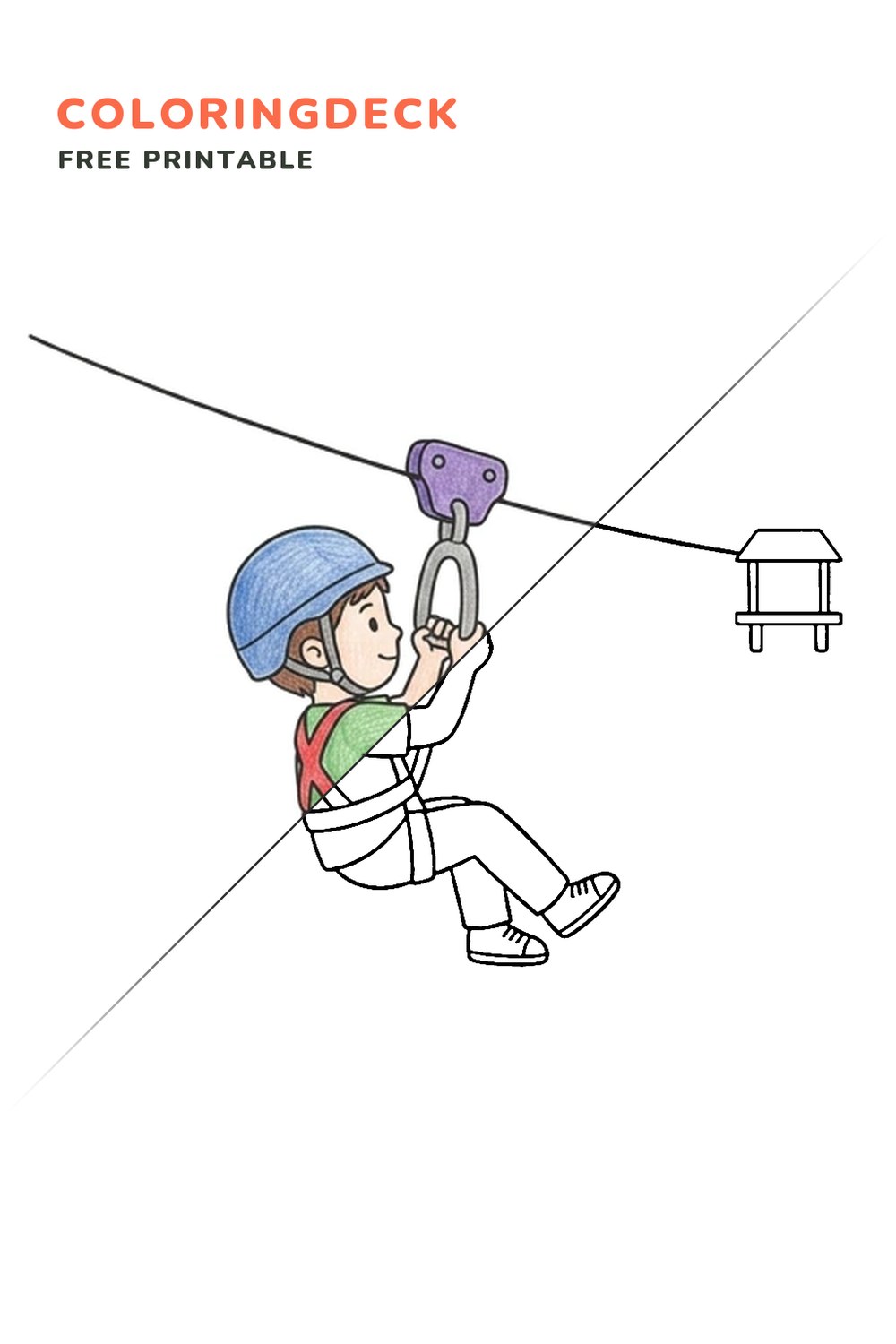 Child Zipline Glide coloring page, free printable: half colored, half outline