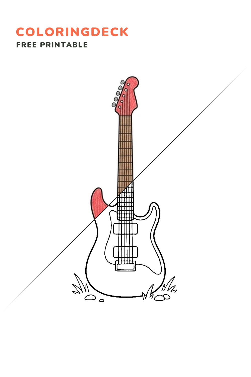 Big Electric Guitar coloring page, free printable: half colored, half outline