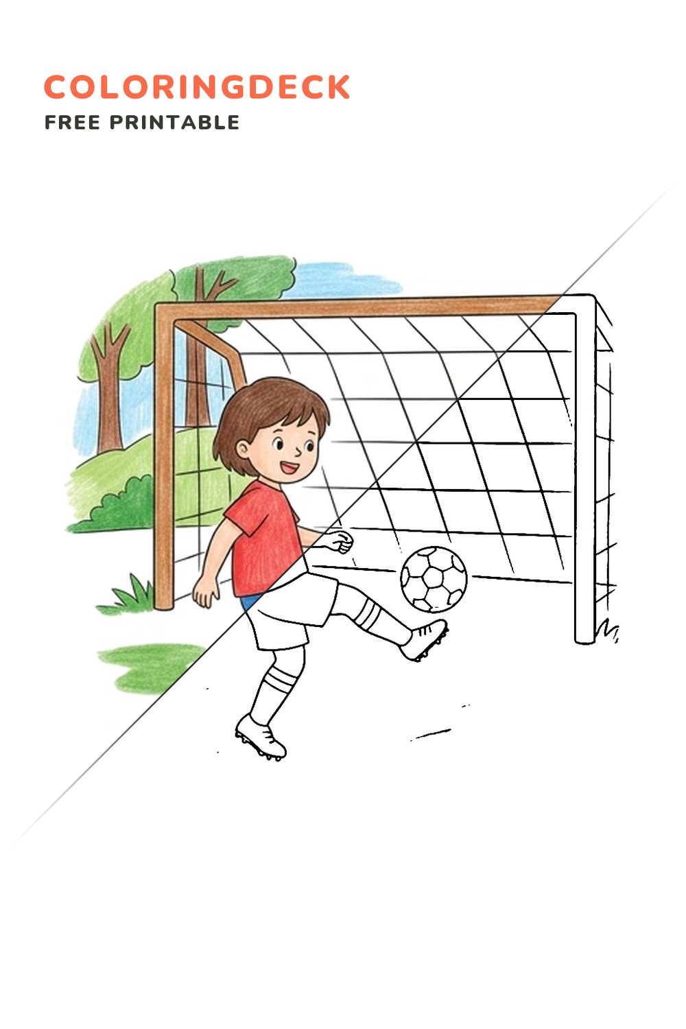 Soccer Goal Kick coloring page, free printable: half colored, half outline