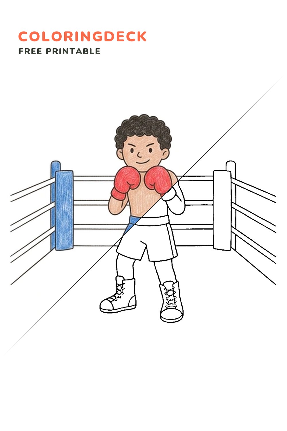 Boxing Ring Stance coloring page, free printable: half colored, half outline