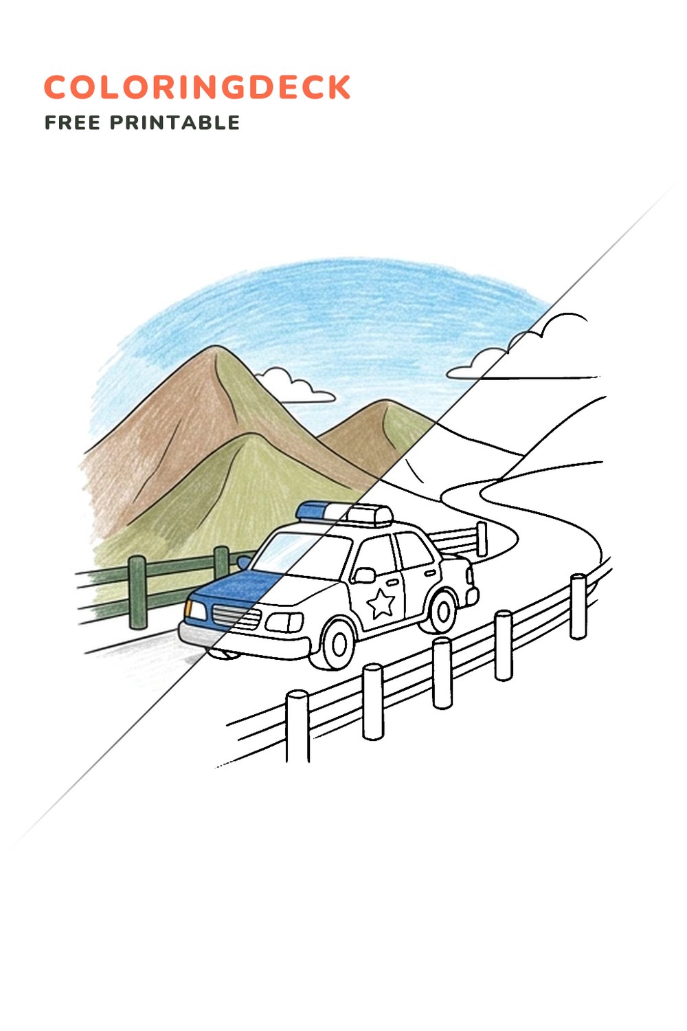 Police Car Mountain Lookout coloring page, free printable: half colored, half outline