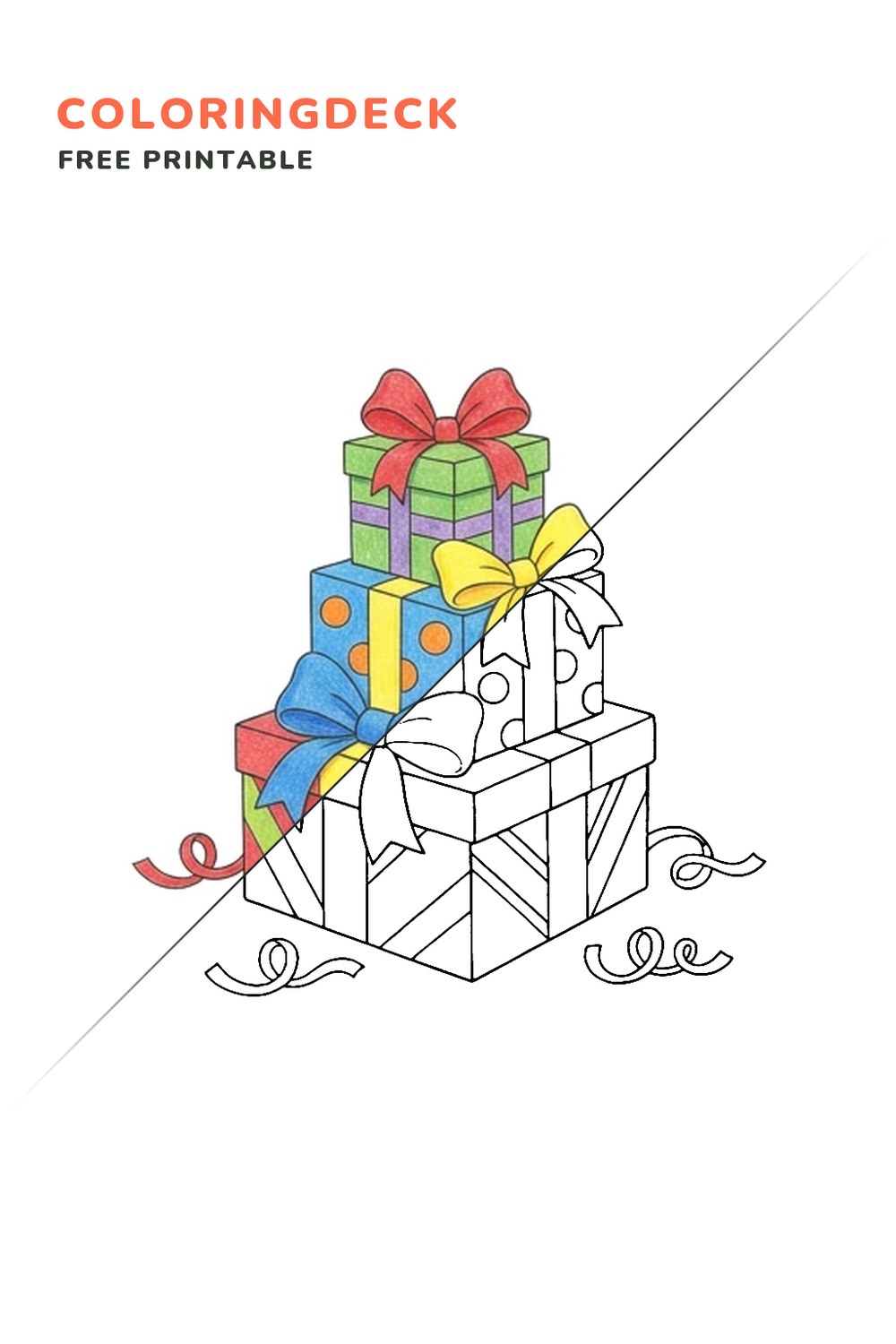 Gift Box Stack coloring page, free printable: half colored, half outline